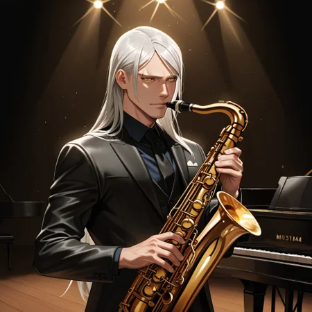 masterpiece, best quality, amazing quality, absurdres, newest, detailed background, definition so sharp, Ultra-HD, 8K cinematic, very awa, impressionate, amazing quality, highres,
solo, male focus, manly, shadow, shiny skin, mature male, extream close-up, soft coloring,
mitsuhisahachiya, mitsuhisa_grey hair, mitsuhisa_yellow eyes, 1boy, long hair, scar across eyebrow, musician, jazz, piano, saxophone, cool_demeanor, smooth_operator, stage_lights, spotlight, focused_expression, sweet_melody, nightclub, elegant_suit, dim_lighting, appreciative_audience