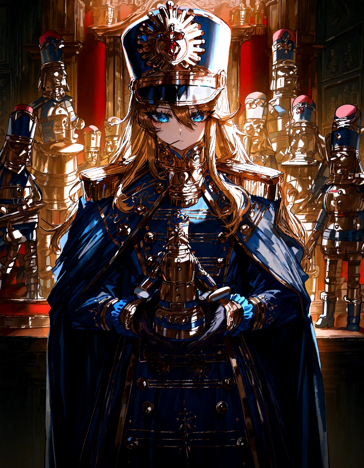 1girl ,nutcracker, detailed background,detailed face,
,quasarcake, thirty_8ght
,masterpiece, best quality, newest, absurdres, highres,
<lora:illustrious_noobai_epsilon_pred_1_best_quality_v1:0.4> ,<lora:illustrious_noobai_epsilon_pred_1_masterpieces_v1:0.4>, <lora:illustrious_noobai_epsilon_pred_11_very_aesthetic_v1:0.4>, <lora:ponyv5_noobV065S_1_adamW:0.6>, <lora:add-detail-xl:0.4>, <lora:GEN(illust) 0.2v:0.6>,<lora:cfg_scale_boost:0.4>,  <lora:Holiday_Nutcracker:0.5>