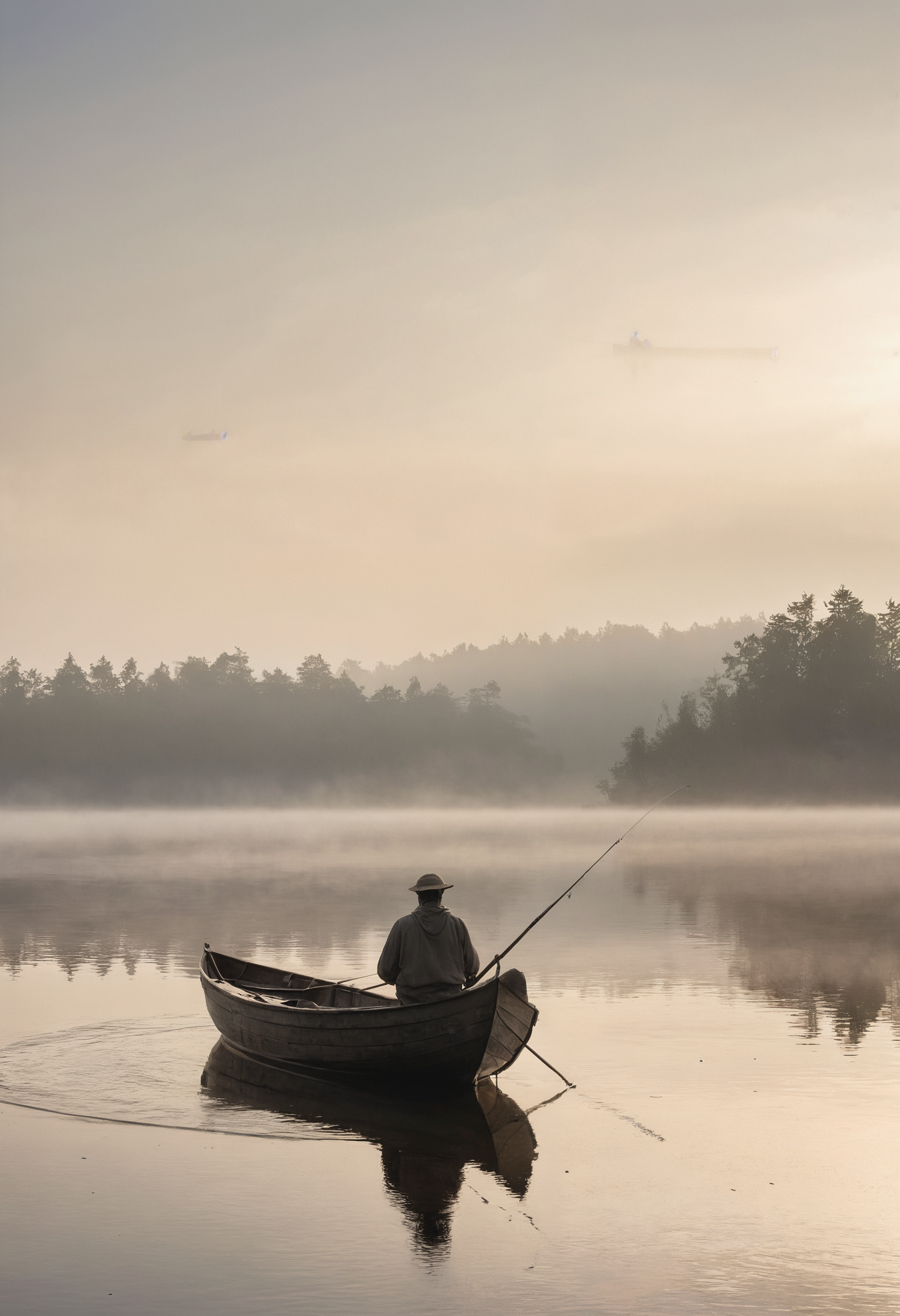 A serene lakeside morning with a solitary fisherman in a wooden rowboat casting a line, mist rising from the water, soft dawn light, horizontal elements, gentle spotlight on fisherman, fisherman silhouetted against the mist, wide shot, calm reflections, subtle gradient sky, tranquil ambiance, balanced composition, natural colors, fisherman placed on the lower third.
