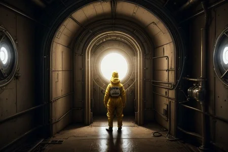 a portal back into 1903, the portal is built in Lawrence Livermore Labs, in a special chamber room monitored by a team of watching scientists. A man in a hazmat suit approaches the surface of the time portal, where he can see the streets of New York circa 1903, amazing, captivating and amazing moment,
highly detailed,