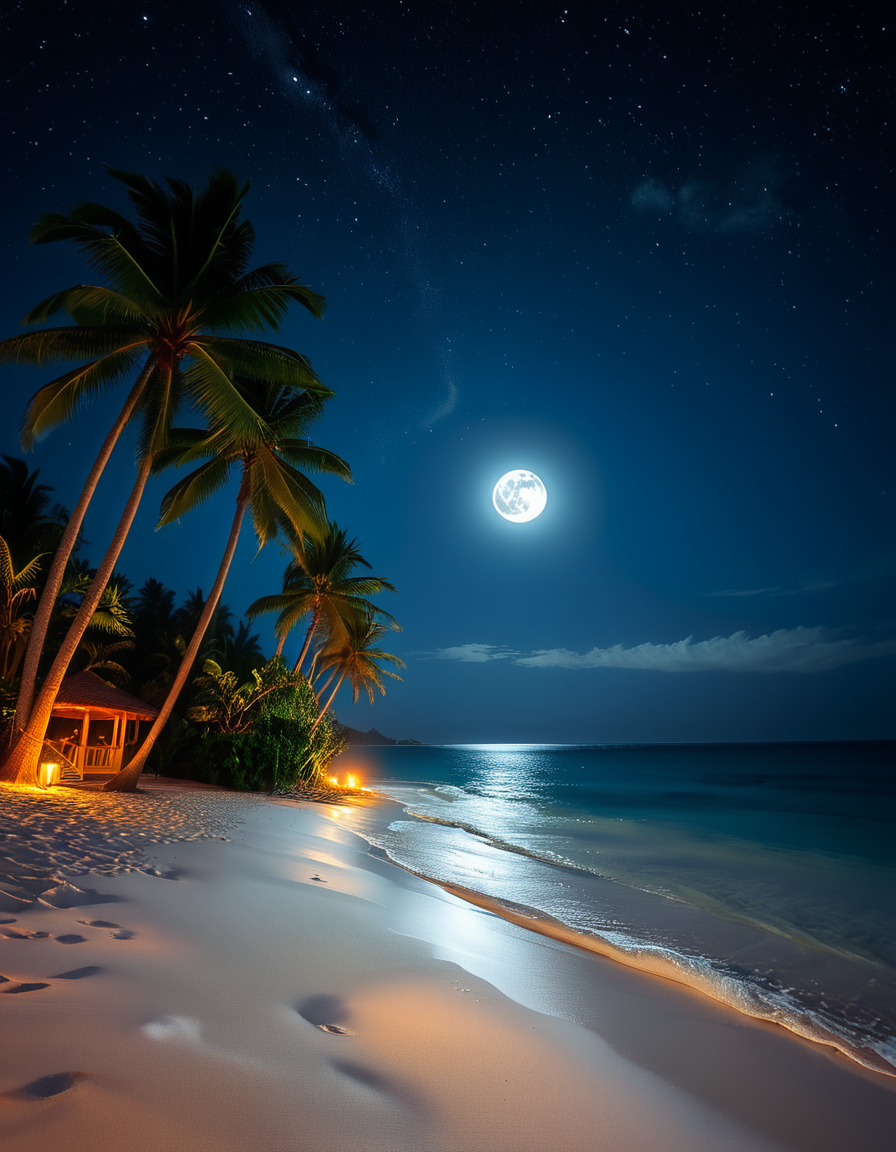 A breathtaking tropical beach at night, illuminated by the soft glow of the moon and twinkling stars. The ocean waves gently lap against the shore, reflecting silver moonlight. Tall palm trees sway slightly in the warm night breeze, their silhouettes contrasting against the deep blue sky. The sand appears smooth and slightly damp, glowing under the moonlight. In the background, distant islands are faintly visible on the horizon, their outlines softened by a light mist. The sky is filled with a mesmerizing display of stars, with the Milky Way faintly visible. The atmosphere is tranquil and serene, evoking a sense of peace and wonder. The image has a high level of detail, realistic textures, and a dreamy cinematic quality.
<lora:SDXLFaeTastic2400:0.4> <lora:extremely_detailed:0.4> extremely detailed,  <lora:tropical_beach_4t_n1ght:1>,tropical beach 4t n1ght, Masterpiece,best quality,hi res,8k,hi res,8k,award winning,(sharp focus, intricate, highly detailed),
