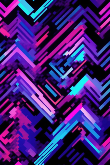 <lora:Felipe Pantone Style:1>Felipe Pantone Style - Futuristic digital chevron pattern using a glitch art medium, evoking the aesthetic of distorted cyberpunk visuals, with a striking and bold color scheme of neon blues and purples