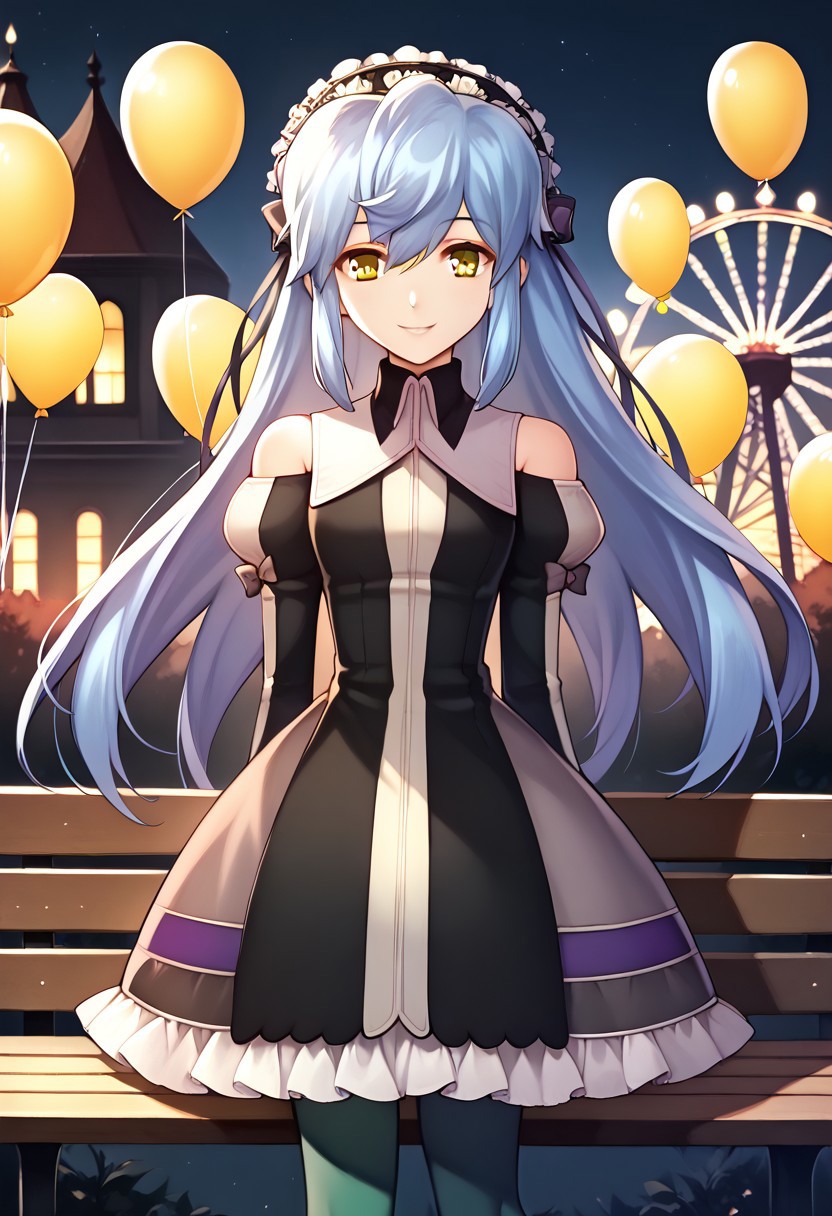 score_9, score_8_up, score_7_up, highres, (best quality:1.1), masterpiece, absurdes, 1girl, solo, long hair, looking at viewer, smile, standing, outdoors, night, arms behind back, bench, balloon, lamppost, ferris wheel, <lora:xfkatrina-pdxl-nvwls-v1-000005:1> xfKatrina, blue hair, yellow eyes, long hair, hairband, black dress, detached sleeves,smile, green pantyhose