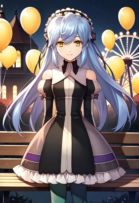 score_9, score_8_up, score_7_up, highres, (best quality:1.1), masterpiece, absurdes, 1girl, solo, long hair, looking at viewer, smile, standing, outdoors, night, arms behind back, bench, balloon, lamppost, ferris wheel, <lora:xfkatrina-pdxl-nvwls-v1-000005:1> xfKatrina, blue hair, yellow eyes, long hair, hairband, black dress, detached sleeves,smile, green pantyhose