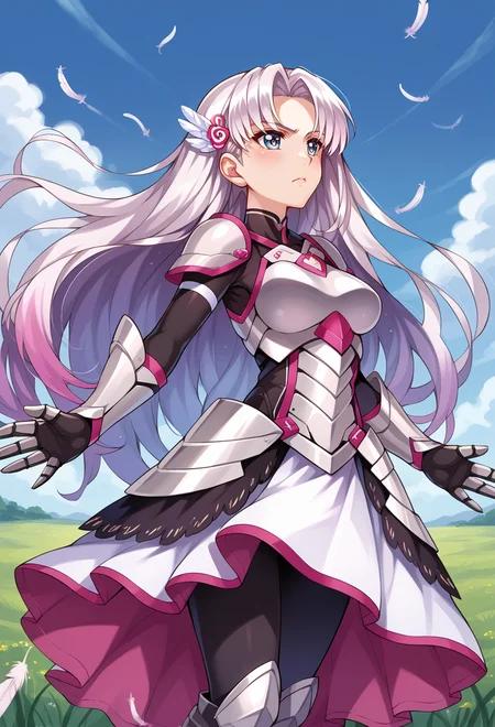 <lora:Misaki-Kurehito-Style-PonyXL:1>, score_9, score_7_up, source_anime, BREAK falling feathers, field, looking away, looking up, open hands,, serious, 1girl, white eyes, white hair, very long hair, parted hair, parted bangs, gradient hair, lilac hair, medium breasts, wing hair ornament, valkyrie, black bodysuit, armor, gauntlets, greaves, pink breastplate, grey armored skirt, armored dress, pink hues,