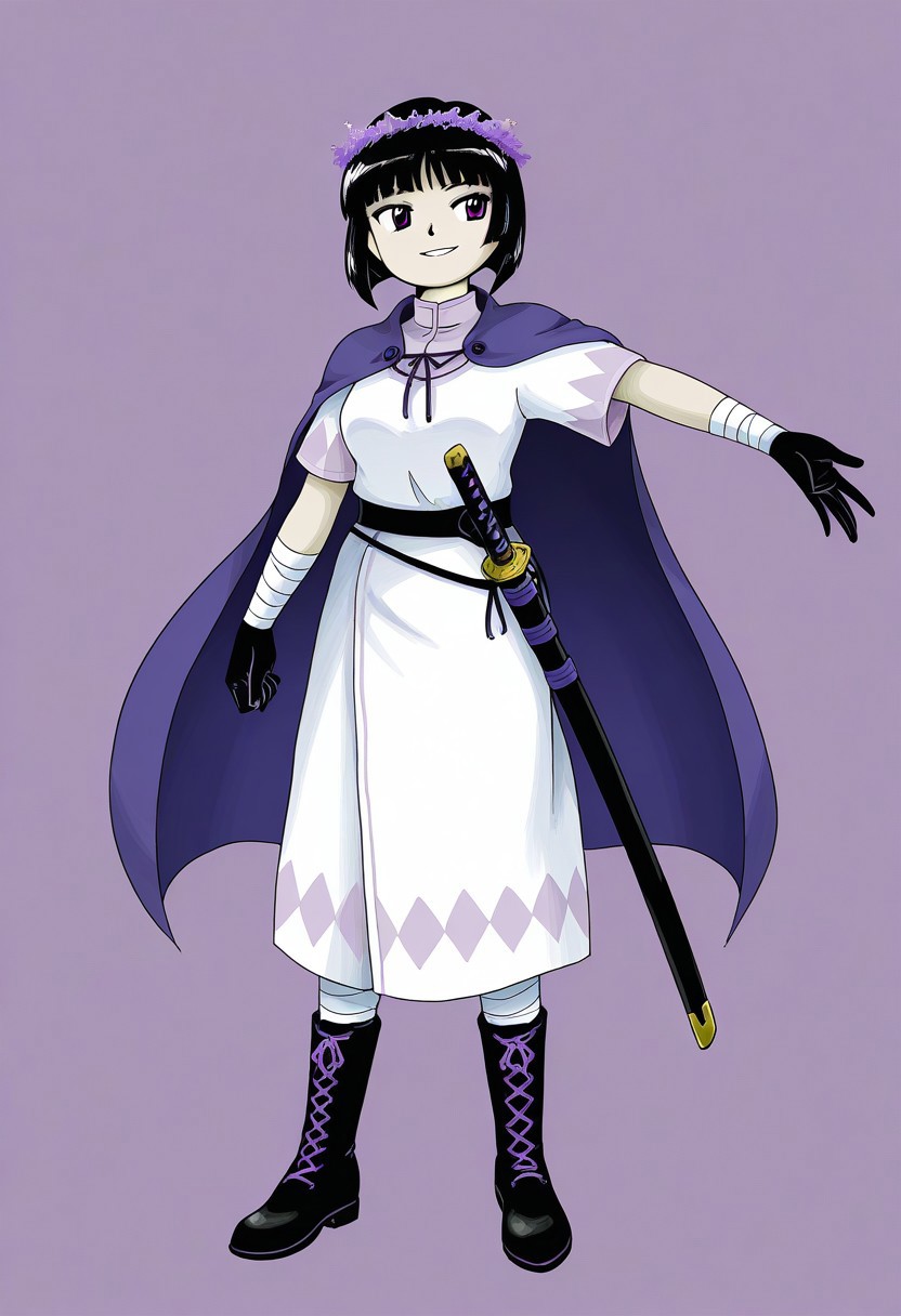 watercolor, aesthetic, colorful, jaggy lines, zun \(style\), BREAK, 1girl, solo, (tall, mature, purple eyes, black hair, hime cut, short hair, Lavender flower crown, lavender cape, white tunic, lavender shirt collar, short sleeves, white dress, lavender floral dress, katana sheath, black belt, lavender laces, black boots, black gloves, white arm wraps, white leg wraps,) smug, evil grin, hand outstretched, full body, simple background,