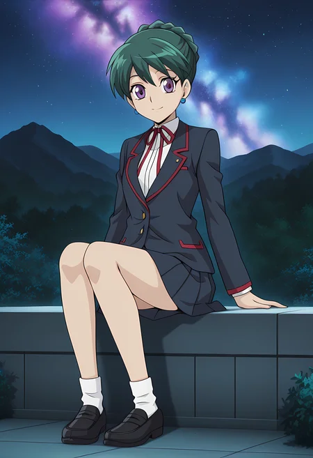 masterpiece,best quality,amazing quality,
1girl, solo,
Akari Yotsue (Cardfight Vanguard), short hair, green hair, braid, purple eyes, school uniform, jewelry, earrings, neck ribbon, white shirt, blazer, long sleeves, pleated skirt, white socks, shoes, black footwear,
looking at viewer, smile,
cinematic,
Sit, leaning back, with two arms,
bloom, night, at mountain, greenery, galaxy sky,
Official style, anime screencap, anime coloring,