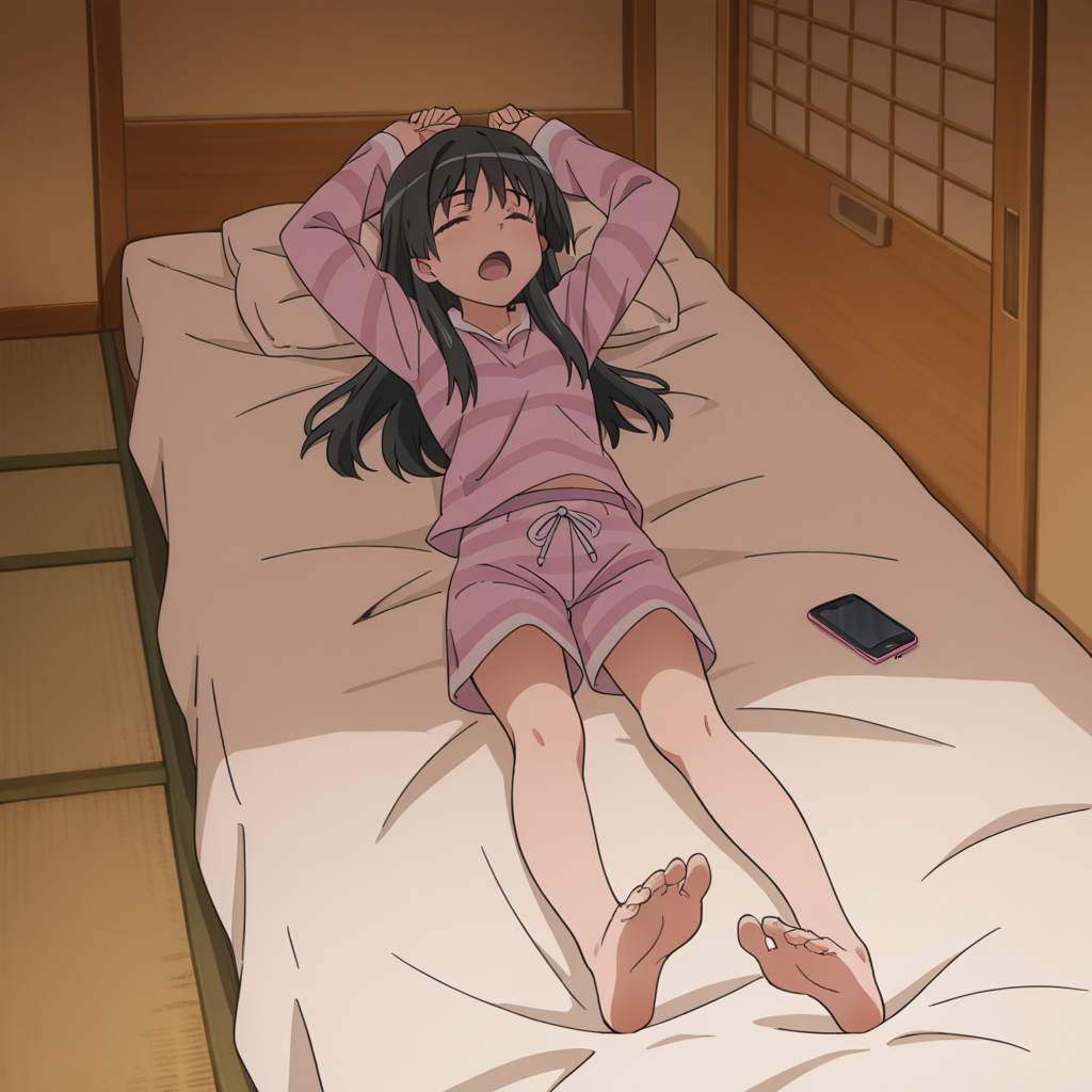 nsfw, masterpiece, best quality, amazing quality,1girl, solo, index_railgun_saten_ruiko, lying, on back, bed, long hair, black hair, phone, open mouth, cellphone, shorts, pajamas, smartphone, futon, indoors, closed eyes, arms up, on bed, striped, toes, barefoot, soles, feet, <lora:Saten_Ruiko_-_Index_Railgun:0.7>