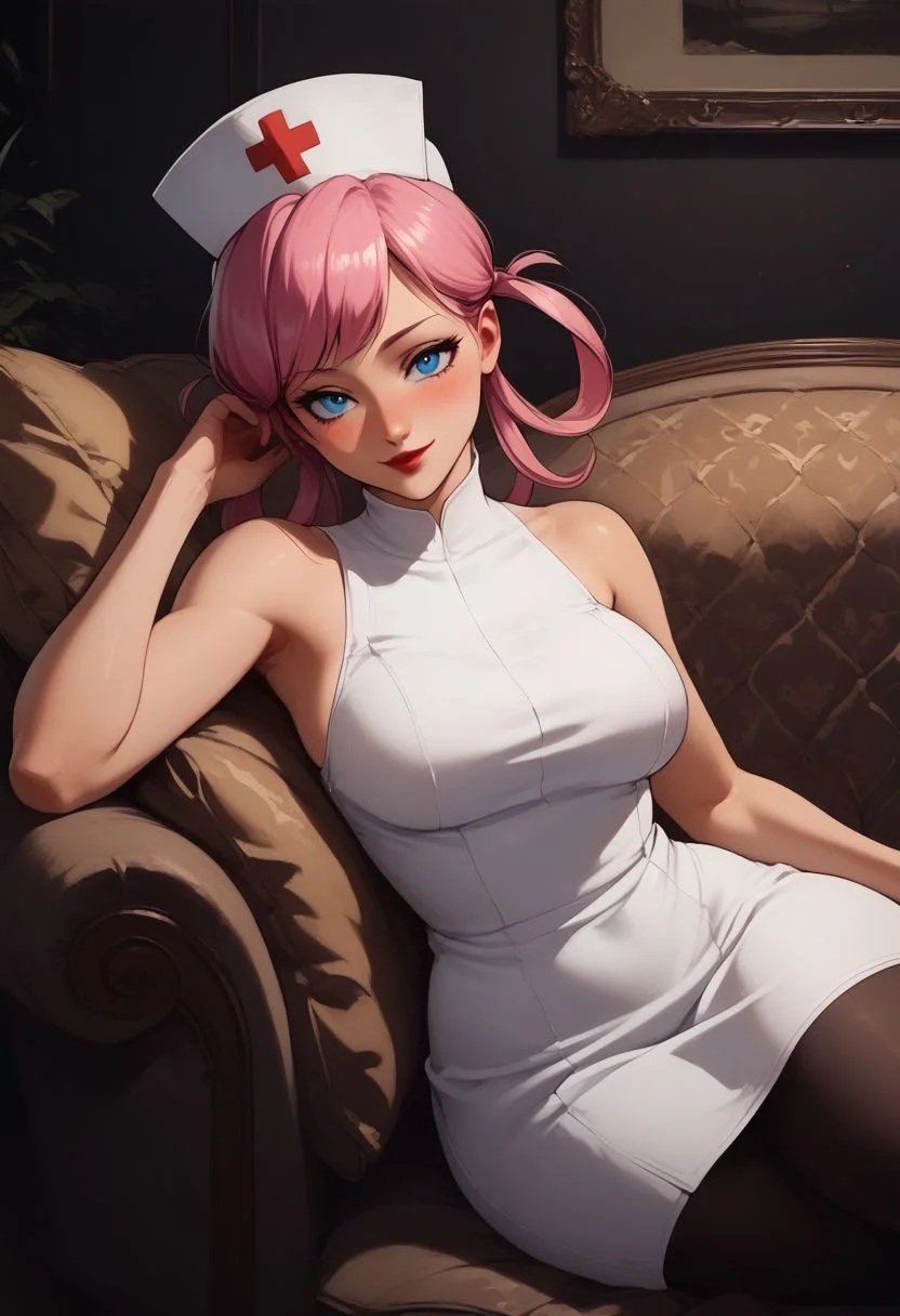 score_9, score_8_up, score_7_up, semi realistic, looking at viewer, suggestive pose, tight white shirt, black pants, mood lighting, cinematic lighting, volumetric lighting, creative angle, high angle view,
(coy smile, bedroom eyes, head tilt, smirk), (couch, modeling:1.6), ( sitting:1.4), arm on pillow, hand behind hair, hips, large breasts, thick thighs, hourglass figure, jewelry, rings,
BREAK,
zznursejoy, pink hair, hair rings, blue eyes,,
long white dress, sleeveless dress, off shoulder, head tilt, blush,
BREAK,
red lipstick, full lips,
zzDarkAcademia, indoors, dark theme,