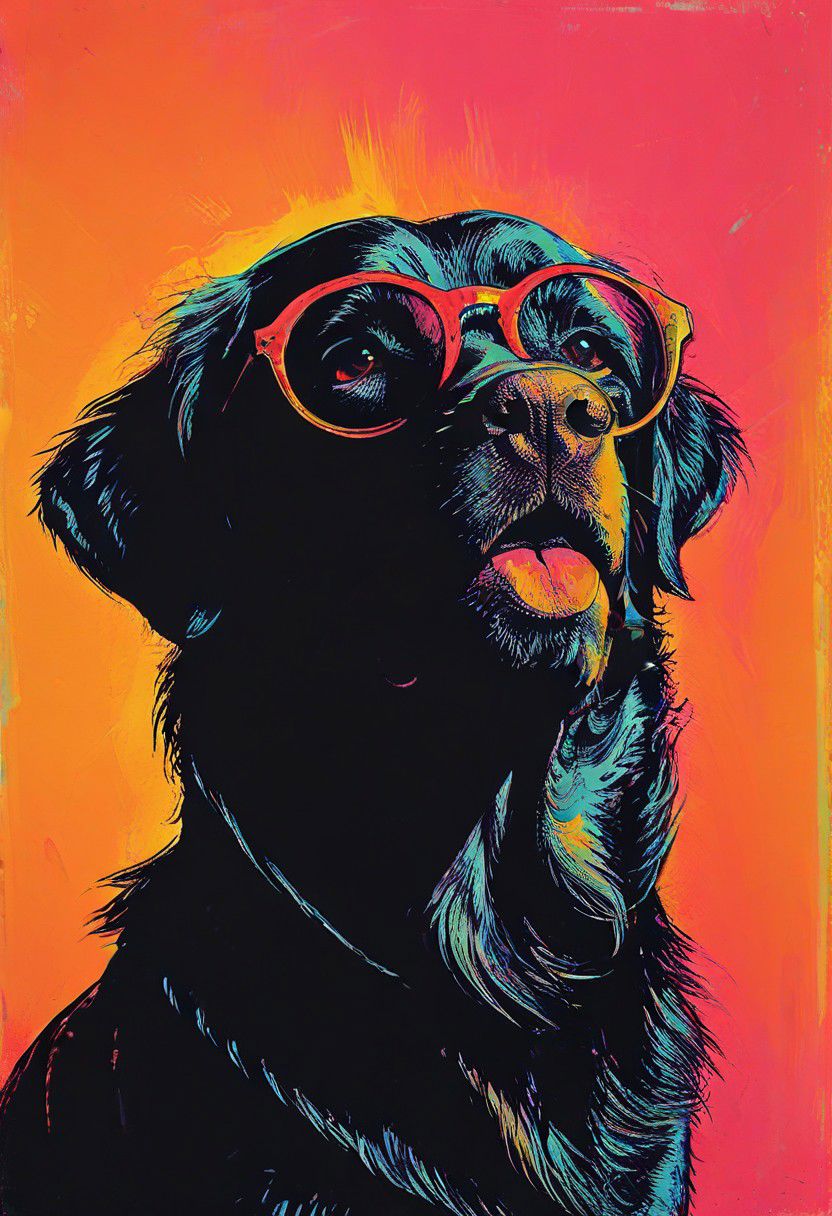 impactful color paint of, a Golden Retriever, wearing dark sunglasses, highly detailed, vibrant colors , 8k, sharp, professional, clear, high contrast, high saturated, , vivid deep blacks, crystal clear