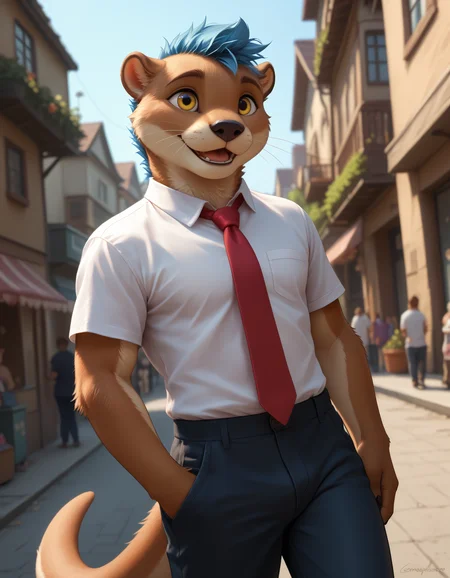 score_9, score_8_up, score_7_up, rating_safe, detailed, <lora:add-detail-xl:2.5>, anthro, furry, dutch angle, high quality, hires, detailed background, embedding:easynegative, pose, <lora:ottis_the_otter_v1-09.safetensors:0.7> ott1s_the_0tter, (otter:1.1), male focus, clothing, joy, smile, open mouth, blue hair, shirt, pants, (red necktie:1.1), happy, yellow eyes