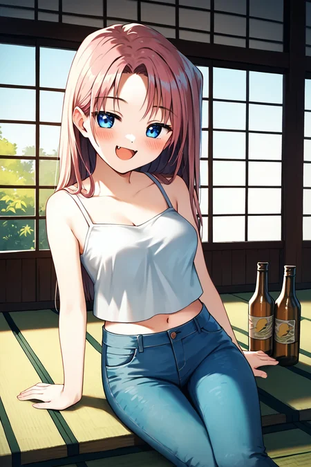 score_9, score_8_up, score_7_up, score_6_up, rating_safe, source_anime, best quality, masterpiece, detailed background, detailed eyes, tatami mat, table, bottles of beer, drunk, blush, smile, sitting on floor, cowboy shot, half-closed eyes, <lora:kamio-haruko-xl-02:1.2>, kamio haruko, blue eyes, medium breasts, long white tanktop, low jeans, midriff, open mouth, fang,