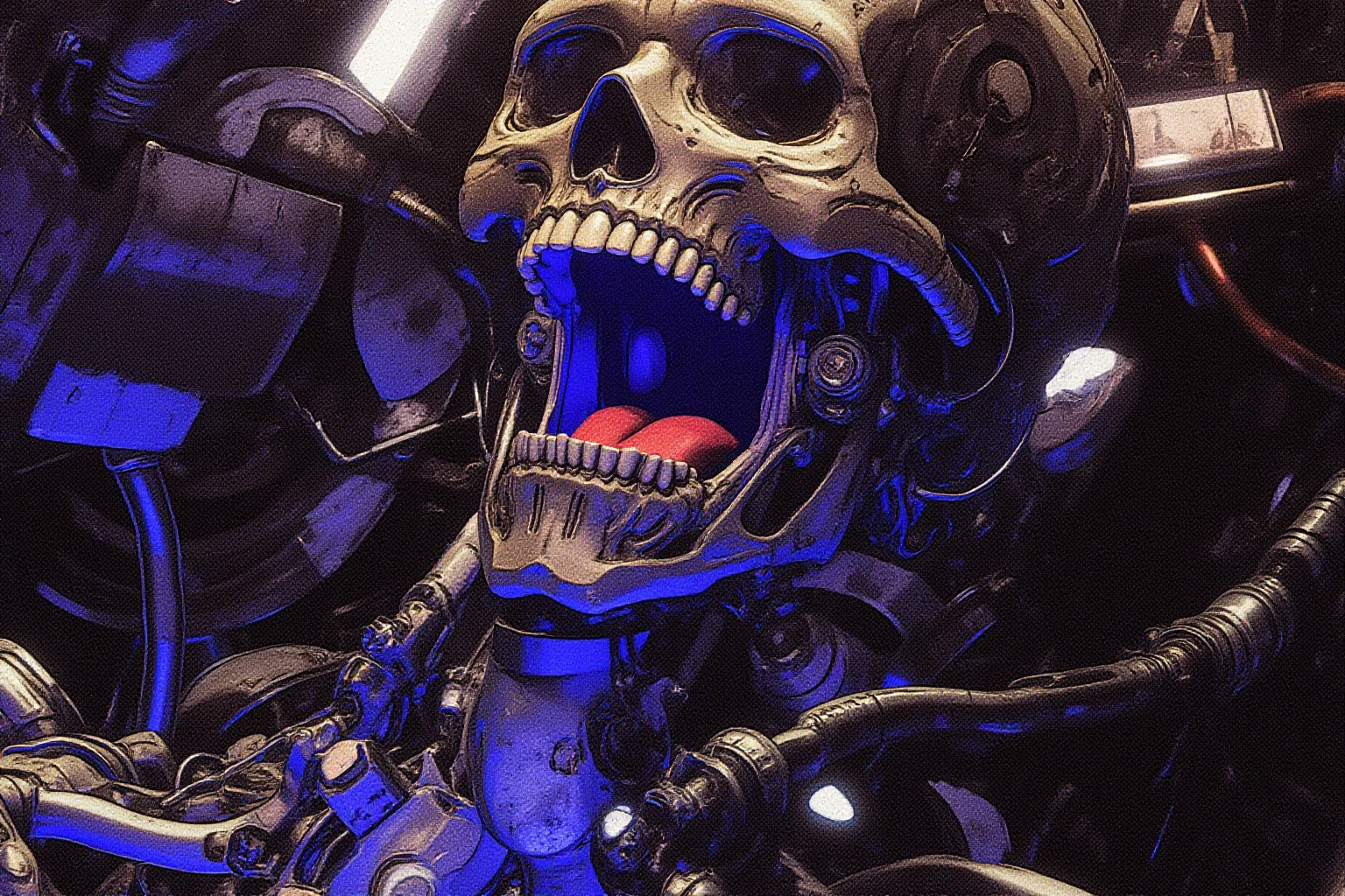 This is a highly detailed, hyper-realistic digital artwork depicting a futuristic, biomechanical human skull. The skull is rendered in a dark metallic texture with intricate, robotic details, resembling a fusion of organic and mechanical structures. It is illuminated with a vibrant blue hue, which highlights the metallic textures and adds a sense of depth and realism to the image. The skull's mouth is open wide, giving a sense of either intense emotion or speech, with visible teeth and a hollow, empty cavity where the tongue should be. The background consists of industrial machinery and metallic pipes, creating a dystopian, cyberpunk atmosphere. The overall color scheme includes shades of blue, purple, and black, enhancing the futuristic and eerie feel of the artwork. The detailed textures and the intricate mechanical components on the skull give it a lifelike quality, emphasizing the blend of biology and technology in a dystopian, post-apocalyptic setting.