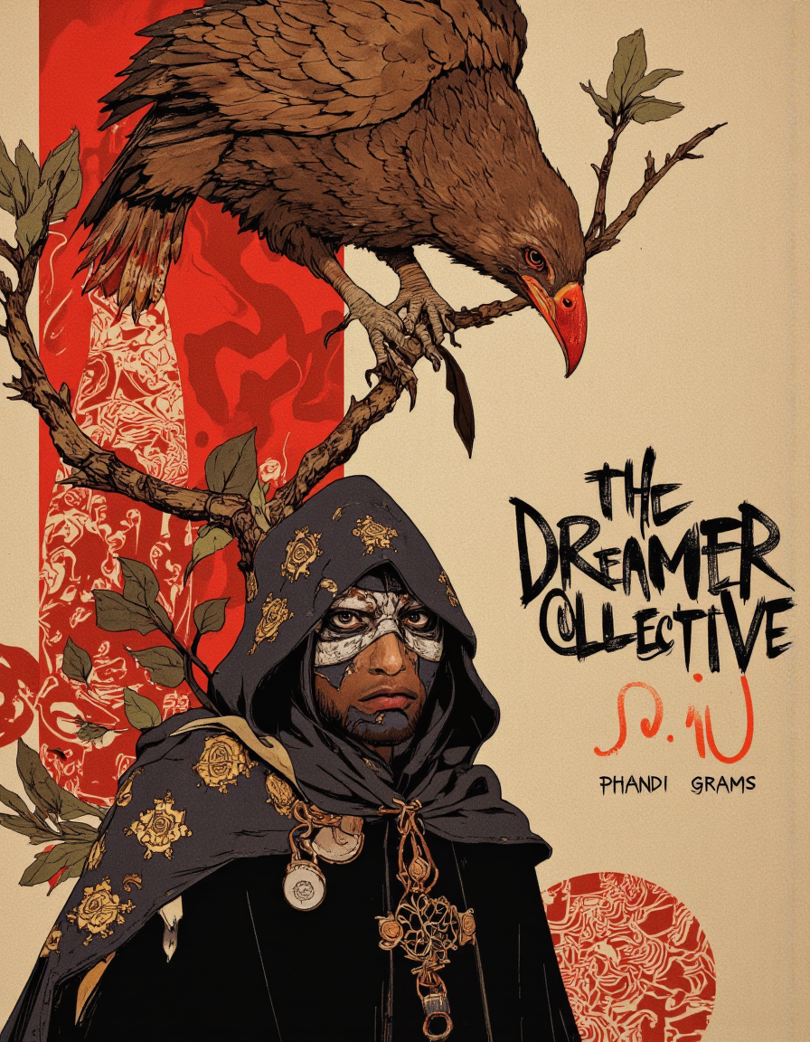 By Phandigrams. A digital illustration shoot from a frontal camera angle about a stylized character with a bird-like appearance wearing a mask and cloak, standing in the middle of the image. the character, a raven, is positioned in the center of the frame, facing the viewer with a serious expression. he is wearing a dark cloak with intricate patterns and a hood that covers his head and shoulders. on the top left corner, a large brown bird with a long beak and a red beak is perched on a branch, looking directly at the viewer. the background is a vibrant mix of red and beige with abstract patterns and text that reads "the dreamer collective." on the bottom right corner, the artist's signature "phandi grams" is visible. the overall style of the illustration is reminiscent of comic book art, with bold lines and vibrant colors that evoke a sense of mystery and adventure.