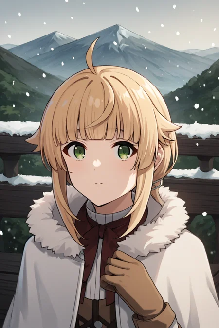 score_9, score_8_up, score_7_up, source_anime,
1girl, looking at viewer,
outdoors, snowing, mountain road,
<lora:norn_greyrat_anime_s2-soralz:1>, norn_greyrat, bangs, blonde hair, long hair, yellow green eyes, ahoge, sidelocks, blunt bangs, hair flaps, low ponytail, coat, fur trim, hood down,white coat, fur-trimmed capelet, brown footwear, fur trim, boots, long sleeves, capelet, gloves,