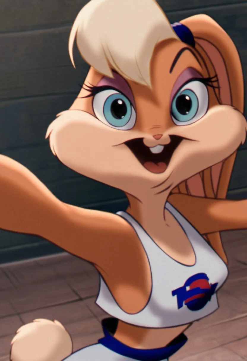 <lora:LolaBunnyPony2.o:1> lola, 1girl, solo, furry female, rabbit ears, smile, buck teeth, eyeshadow, body fur, scrunchie, blue eyes, blonde hair, breasts, midriff, score_9,crop top,score_8_up, score_7_up, score_6_up, score_5_up, score_4_up, looking at viewer,upper body, portrait, open mouth,happy,