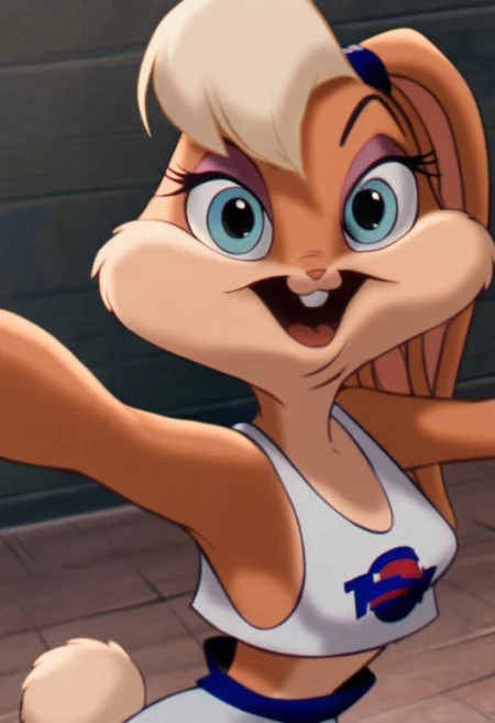 <lora:LolaBunnyPony2.o:1> lola, 1girl, solo, furry female, rabbit ears, smile, buck teeth, eyeshadow, body fur, scrunchie, blue eyes, blonde hair, breasts, midriff, score_9,crop top,score_8_up, score_7_up, score_6_up, score_5_up, score_4_up, looking at viewer,upper body, portrait, open mouth,happy,