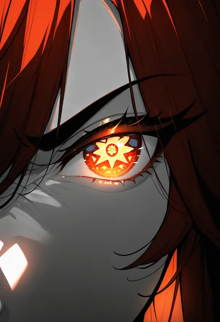 masterpiece, best quality, newest, absurdres, highres, red eyes, long hair, close-up, eye focus, glowing, spot color, monochrome, <lora:Mavuika_illusXLNoobAI_Incrs_v2:1> mavkRnd, symbol-shaped pupils, red hair, angry, detailed,