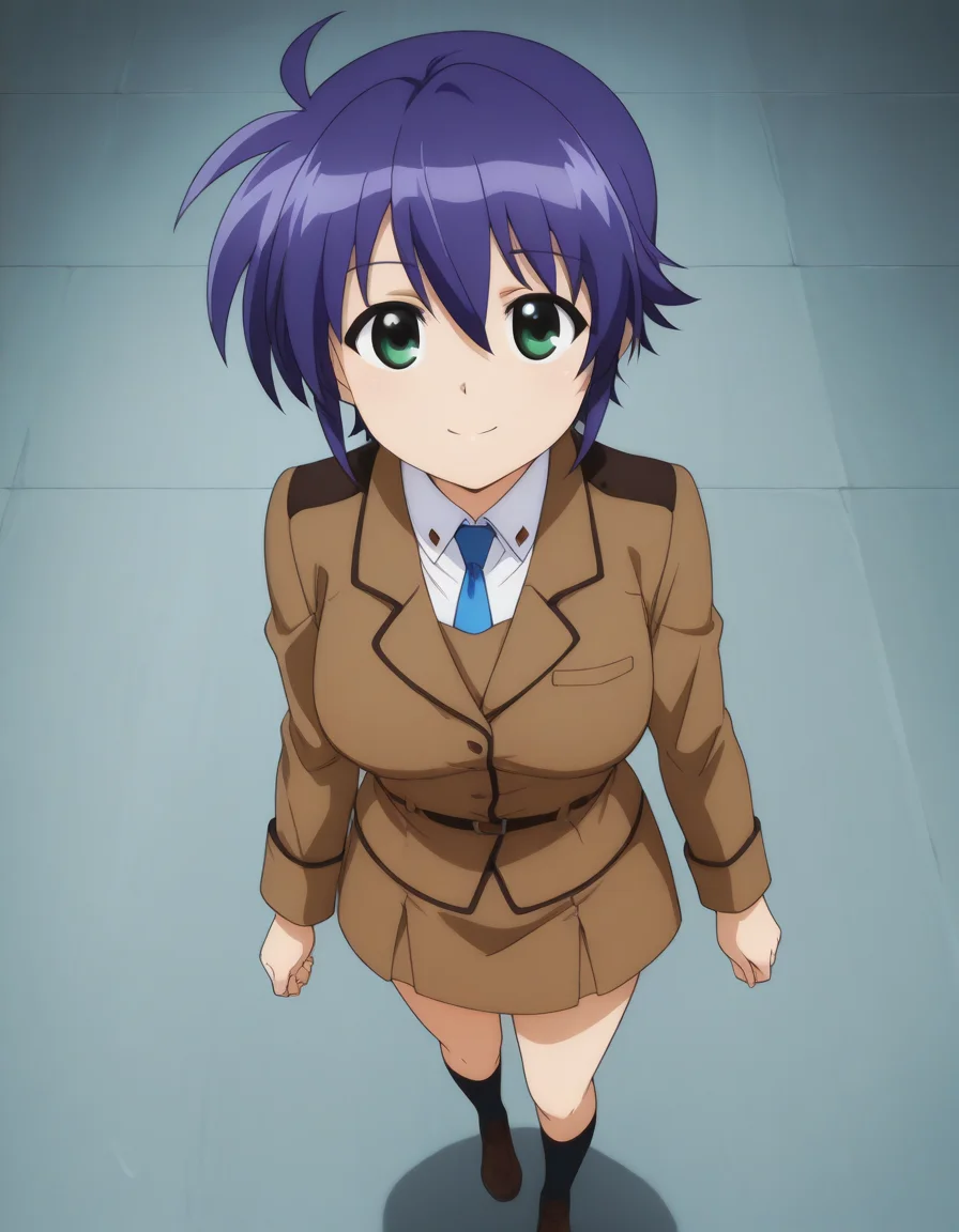 official style,subaru nakajima,green eyes,blue hair,short hair,brown military uniform,
((solo)),front view,straight-on,from front,facing viewer,front angle shot,shoot from front,from right in front of face and body,(standing:1.5),
(anime screencap), 2d cel anime,anime cap,anime,anime style,anime cel,cell shaded,soft brightness,perfect face,perfect nose, perfect hair, perfect eyes,perfect female body,perfect skin,a face of perfect proportion,perfect lighting,perfect anatomy,perfect proportion,perfect hands,perfect legs,perfect fingers,masterpiece,hair between eyes,
medium large breasts,
perky breasts,best quality,very aesthetic,absurdres,16k,intricate detail,amazing quality,(bold:3.12),thick outline,black outline,harsh lines,soft lines,deluster,boldline,curvy,(anime coloring:1.2), smile,,slim,(hat:-1),
looking at viewer,
super fine illustration,detailed linework,vibrant colors,kawaii,flat color,futuristic fortress,in private room,
(from above:2.5),
<lora:éæ³å°å¥³ãªãªã«ã«ãªã®ã¯ã¹ãã«ãã«ã¸ãillustriousMagical_Girl_Lyrical_NANOHASubaru_NakajimaillustriousRe-000016:1:0.8> <lora:anime_screencap:1:0.8> <lora:mgmmzillustrious01:1:0.8>