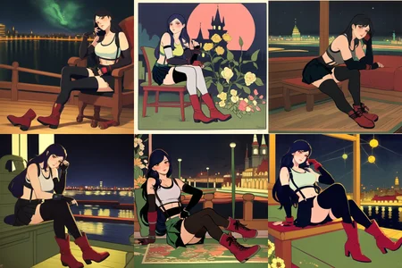 <lora:bilibin02-000030:1>(bilibin:1.2), (by ivan bilibin:1.1), tifa lockhart, final fantasy vii remake, 1girl, ankle boots, black hair, black skirt, black thighhighs, boots, breasts, cityscape, crop top, elbow gloves, elbow pads, fingerless gloves, full body, gloves, head rest, lips, long hair, looking at viewer, low-tied long hair, medium breasts, nose, red eyes, red footwear, signature, single elbow pad, sitting, skirt, solo, sports bra, suspender skirt, suspenders, tank top, thighhighs, white tank top, midgar, green light, night, yellow flowers, ((((masterpiece))))<lora:tifaLockhartAllOutfits_v1:0.4>
