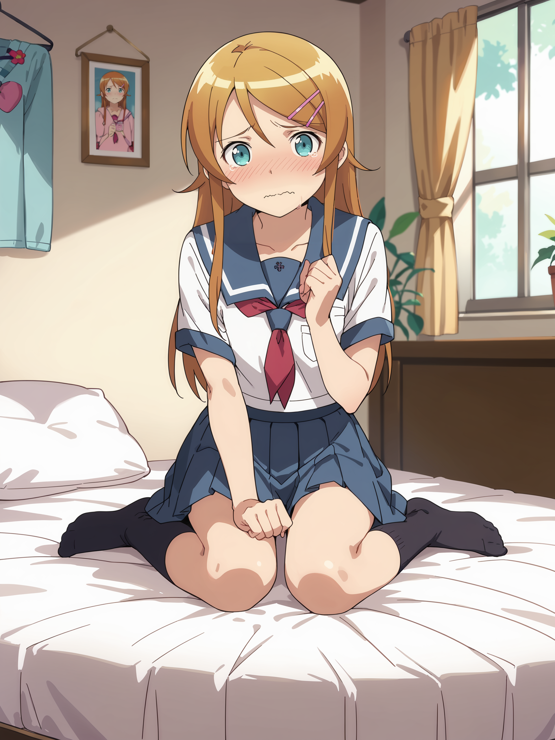 score_9, score_8_up, score_7_up, source_anime, ray tracing, best quality, anime screenshot, anime coloring,  <lora:Char-Kousaka_Kirino-V1-Pony:0.9:hr=0.6>, 1girl, kousaka kirino, hair clip, solo, serafuku, blue pleated skirt, red neckerchief, black socks, looking at viewer, embarrassed, blush, wavy mouth, sitting on bed, full body, bedroom, indoors, blurry background