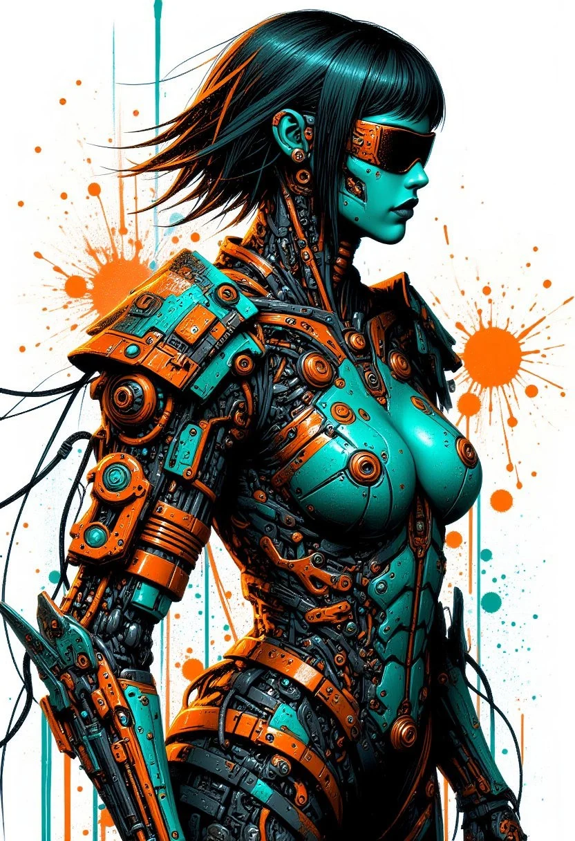 a cyberpunk goth female robot, short straight-cut bob, dark eyeshadow, red lips, make-up, earrings, power armour, side view, mythp0rt, mad-cbrpnksplshrt, paint splashes, teal and orange