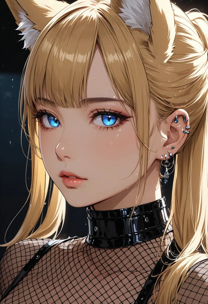 (anime, masterpiece, intricate:1.3), (best quality, hires textures, high detail:1.2), (4k),(incredibly detailed:1.4), perfect anatomy, correct sense of scale, side lighting, feminine body, shiny skin, graceful face, constricted waist, nice body, lips, Sexy mouth, high pointed nose, (nostrils:1.3), neatly drawn nose, 1woman, gorgeous lips, blue eyes, tights, blonde hair, ponytail, side bangs, medium breasts, ((piercing, two holes at the bottom of the ear, one at the top)) (best illumination, an extremely delicate and beautiful) 8k wallpaper, masterpiece, best quality, ultra-detailed, best shadow, volumetric lighting), (beautiful detailed face, beautiful detailed eyes) ,extreme details eyes, shiny skin, ear piercing, woman
gloves, belly piercing, fishnets, dark room, shiny neon, bright colors, dark shadows, detailed skin, slit pupils, fox girl, fox tail, fox ears, 1girl, animal ears, wet, mesh bra