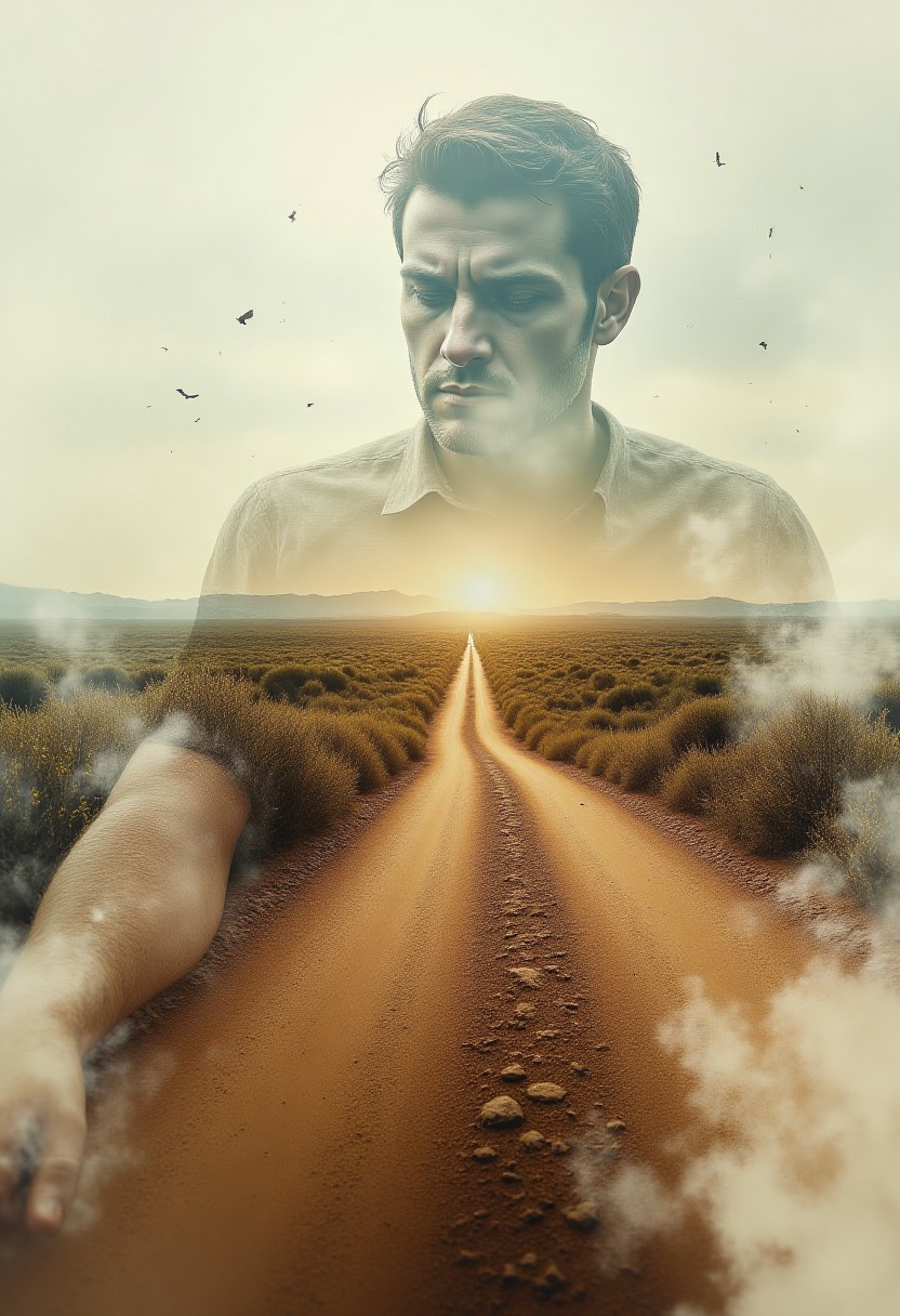 Cinematic style, Midjourney style, Midjourney, beautiful picture,  magnificent,
 abstract digital photo on the theme: double exposure. the inside of a man's forearm, where strained veins transition into dusty beaten paths of roads diverging to the horizon photorealism. S-gamma. masterpiece. 688х1536,FLUXCinematic