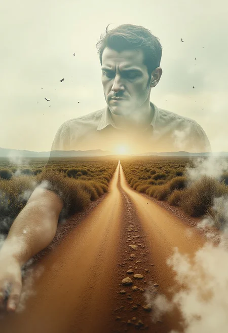 Cinematic style, Midjourney style, Midjourney, beautiful picture, magnificent,
abstract digital photo on the theme: double exposure. the inside of a man's forearm, where strained veins transition into dusty beaten paths of roads diverging to the horizon photorealism. S-gamma. masterpiece. 688х1536,FLUXCinematic