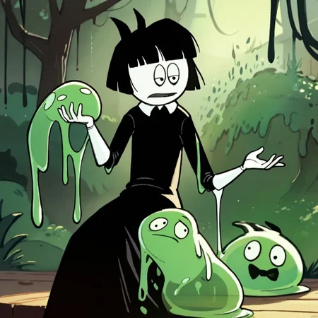 score_9, score_8_up, score_7_up BREAK CrepSus, 1girl, black hair, black bob cut, blunt bangs, black eyes, pale skin, black bow, white-collared long black dress, holding green slime, slime everywhere, entranced happiness,