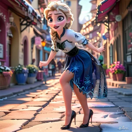 femme 40 ans, blonde, tresse, yeux bleus, solo, taille fine, jambes fines, type asiatique, disney, anim, frozen, pumps, hight heels 15 cm, collants noirs, mini-jupe noire, blouse blanche, blouse dans la jupe, marche,