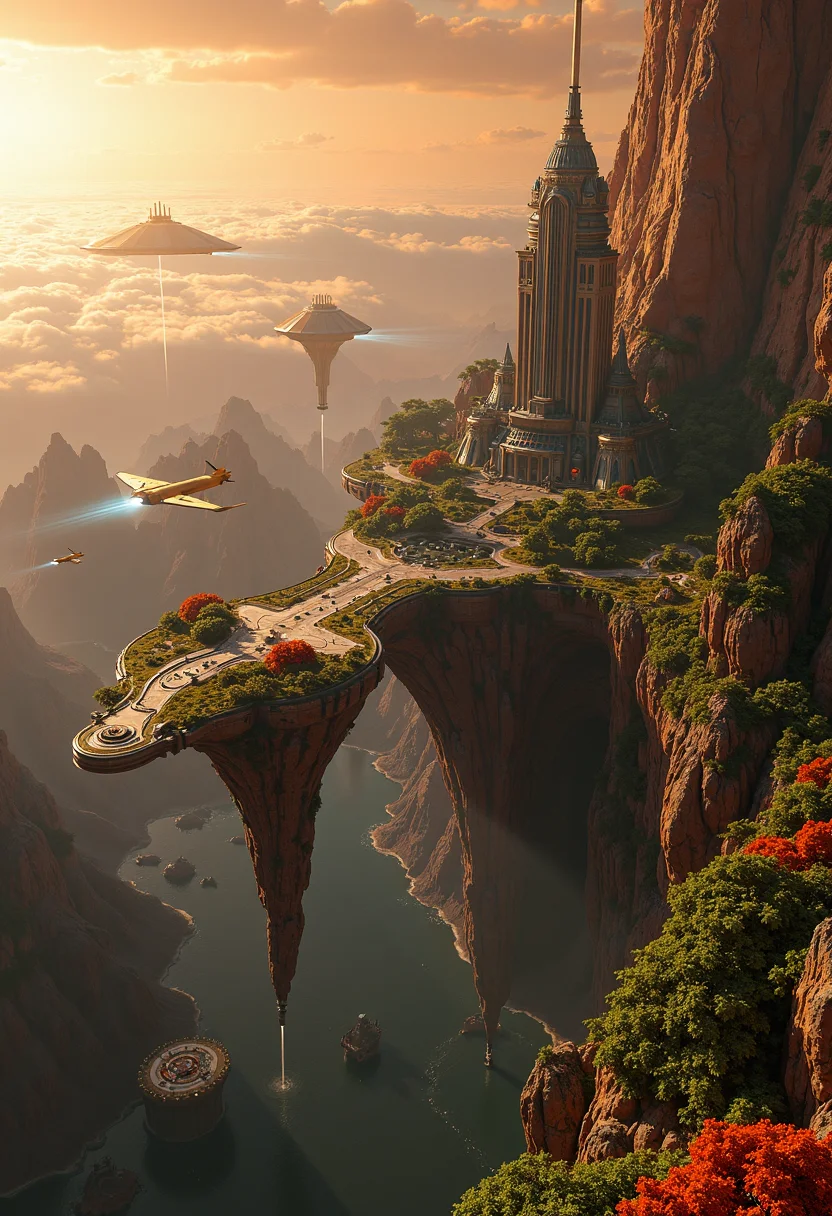 photorealistic,highly detailed,islands floating in space,covered by shimmering force field,orbiting mars,different altitudes,land bridges,lush foliage,towering futuristic,skyscrapers,shuttles flying down to the planet,sci-fi,magical,8k,unreal engine,octane render,ray tracingThe islands are positioned at varying altitudes and interconnected by expansive land bridges.,<lora:flux.1_lora_flyway_Epic-detail_v2:0.8>,