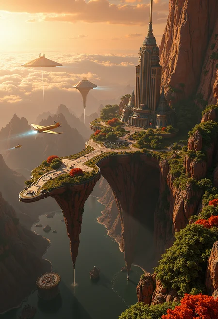 photorealistic,highly detailed,islands floating in space,covered by shimmering force field,orbiting mars,different altitudes,land bridges,lush foliage,towering futuristic,skyscrapers,shuttles flying down to the planet,sci-fi,magical,8k,unreal engine,octane render,ray tracingThe islands are positioned at varying altitudes and interconnected by expansive land bridges.,<lora:flux.1_lora_flyway_Epic-detail_v2:0.8>,