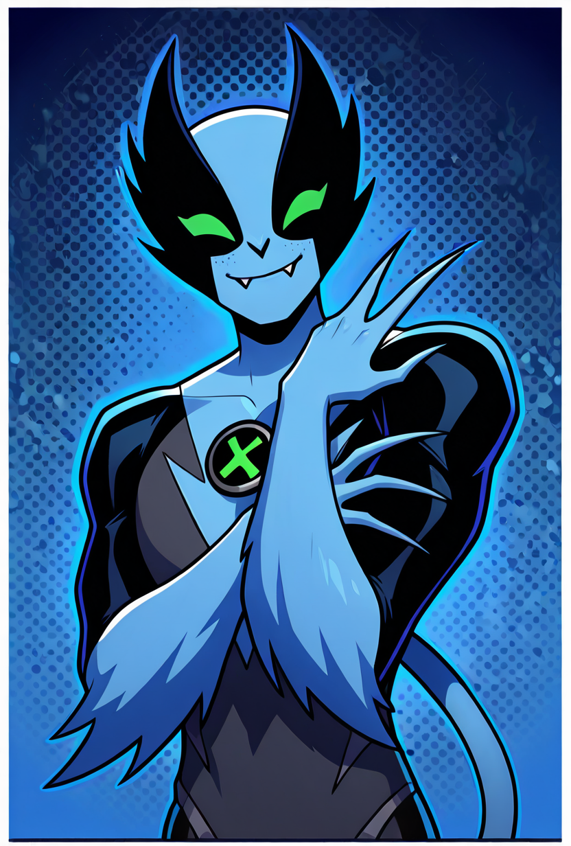 <lora:fastrack-10:1> fastrack, solo, blue skin, green eyes,  claws, green badge, fang, smile, blue background, feline tail, facing viewer, pose,  wide jaw, masculine,, masterpiece, best quality, amazing quality, very aesthetic, absurdres, newest,, upper body, halftone effect, white borders, abstract background:1.2,