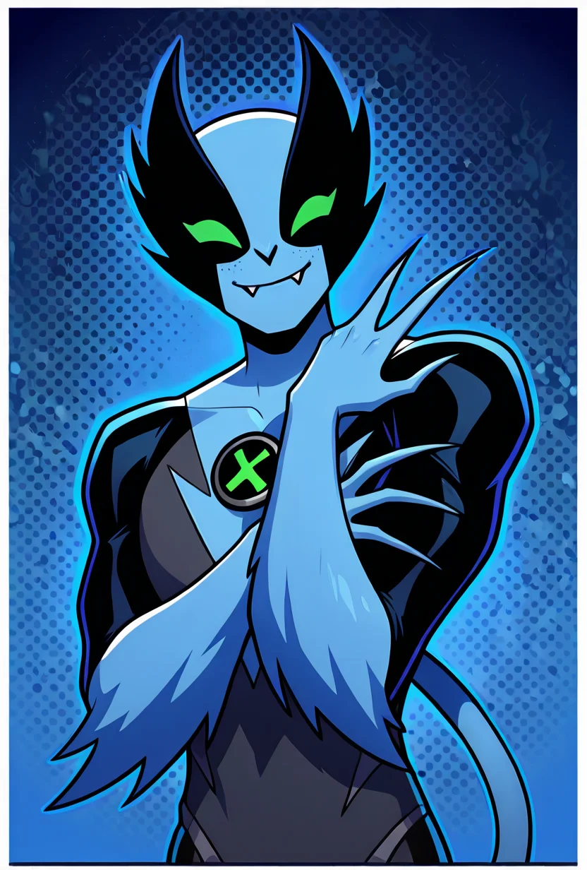 <lora:fastrack-10:1> fastrack, solo, blue skin, green eyes, claws, green badge, fang, smile, blue background, feline tail, facing viewer, pose, wide jaw, masculine,, masterpiece, best quality, amazing quality, very aesthetic, absurdres, newest,, upper body, halftone effect, white borders, abstract background:1.2,