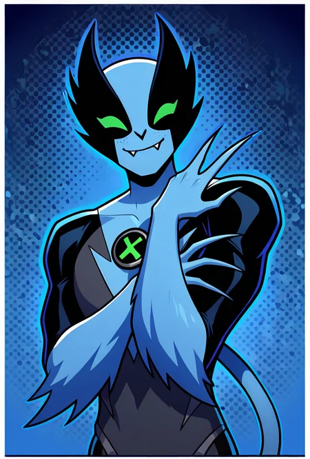 <lora:fastrack-10:1> fastrack, solo, blue skin, green eyes, claws, green badge, fang, smile, blue background, feline tail, facing viewer, pose, wide jaw, masculine,, masterpiece, best quality, amazing quality, very aesthetic, absurdres, newest,, upper body, halftone effect, white borders, abstract background:1.2,
