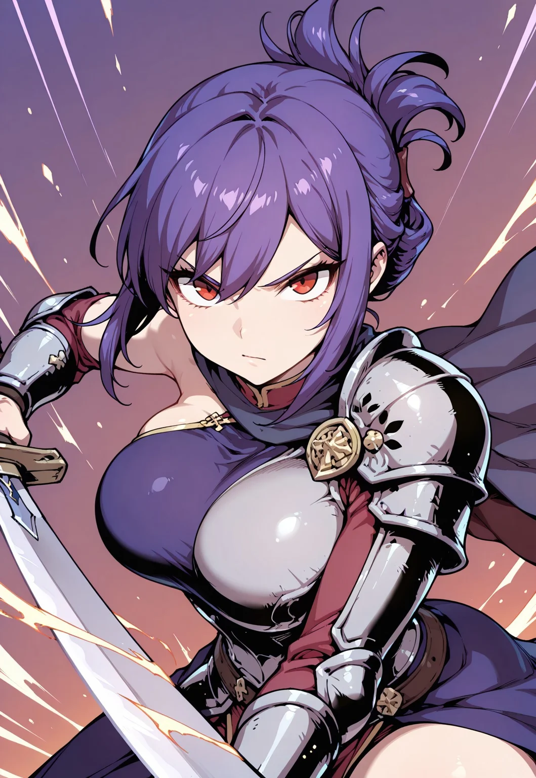 masterpiece,best quality,amazing quality, 1girl, solo
close-up shot, view from aside,
holding sword, dynamic fighting pose, human, purple hair, red eyes, folded ponytail,
armor, single shoulder armor, cape, single bare shoulder, clothed,
large breasts,
looking at viewer, closed mouth,