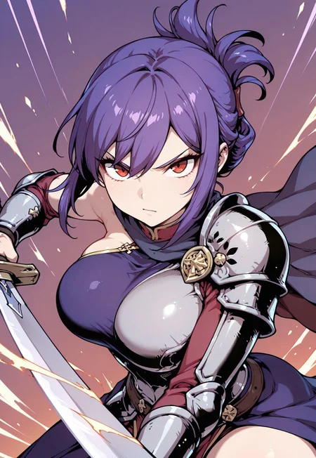 masterpiece,best quality,amazing quality, 1girl, solo
close-up shot, view from aside,
holding sword, dynamic fighting pose, human, purple hair, red eyes, folded ponytail,
armor, single shoulder armor, cape, single bare shoulder, clothed,
large breasts,  
looking at viewer, closed mouth,
