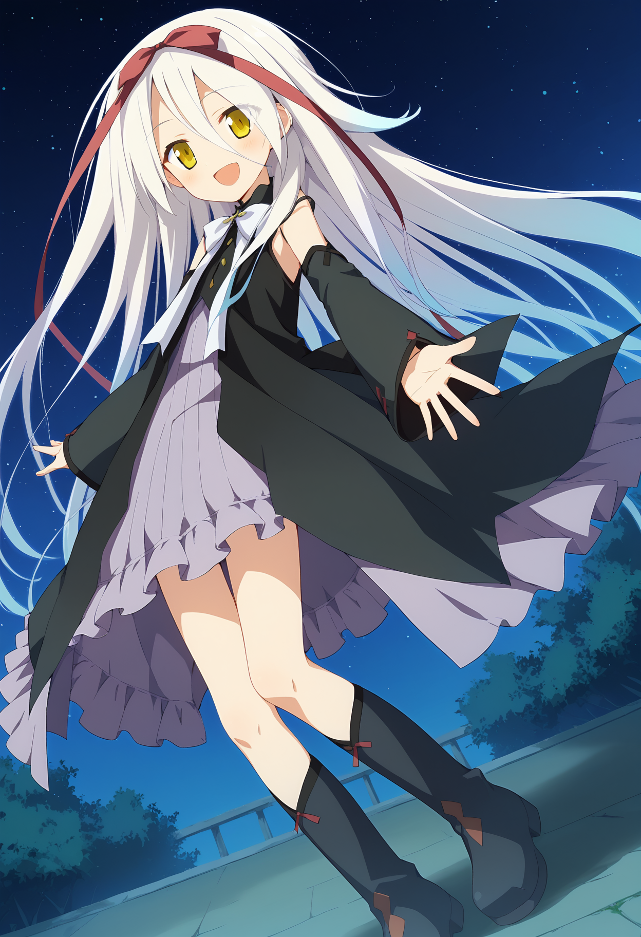score_9, score_8_up, score_7_up BREAK
source_anime, rating_safe, outdoors, night, starry sky, floating hair, standing, outstretched arms, looking at viewer, blush, smile, open mouth, solo, 1girl, hmmare, white hair, long hair, very long hair, gradient hair, multicolored hair, hair between eyes, yellow eyes, hair ribbon, dress, red ribbon, detached sleeves, bare shoulders, white bowtie, boots, black footwear <lora:hmmare_v2-000018:0.9>