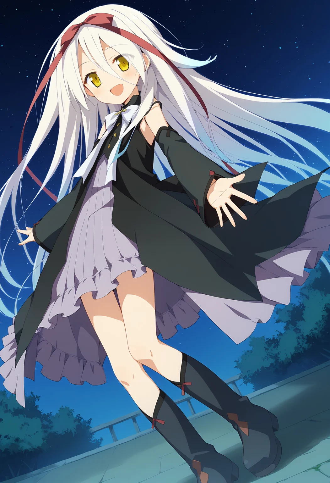 score_9, score_8_up, score_7_up BREAK
source_anime, rating_safe, outdoors, night, starry sky, floating hair, standing, outstretched arms, looking at viewer, blush, smile, open mouth, solo, 1girl, hmmare, white hair, long hair, very long hair, gradient hair, multicolored hair, hair between eyes, yellow eyes, hair ribbon, dress, red ribbon, detached sleeves, bare shoulders, white bowtie, boots, black footwear <lora:hmmare_v2-000018:0.9>
