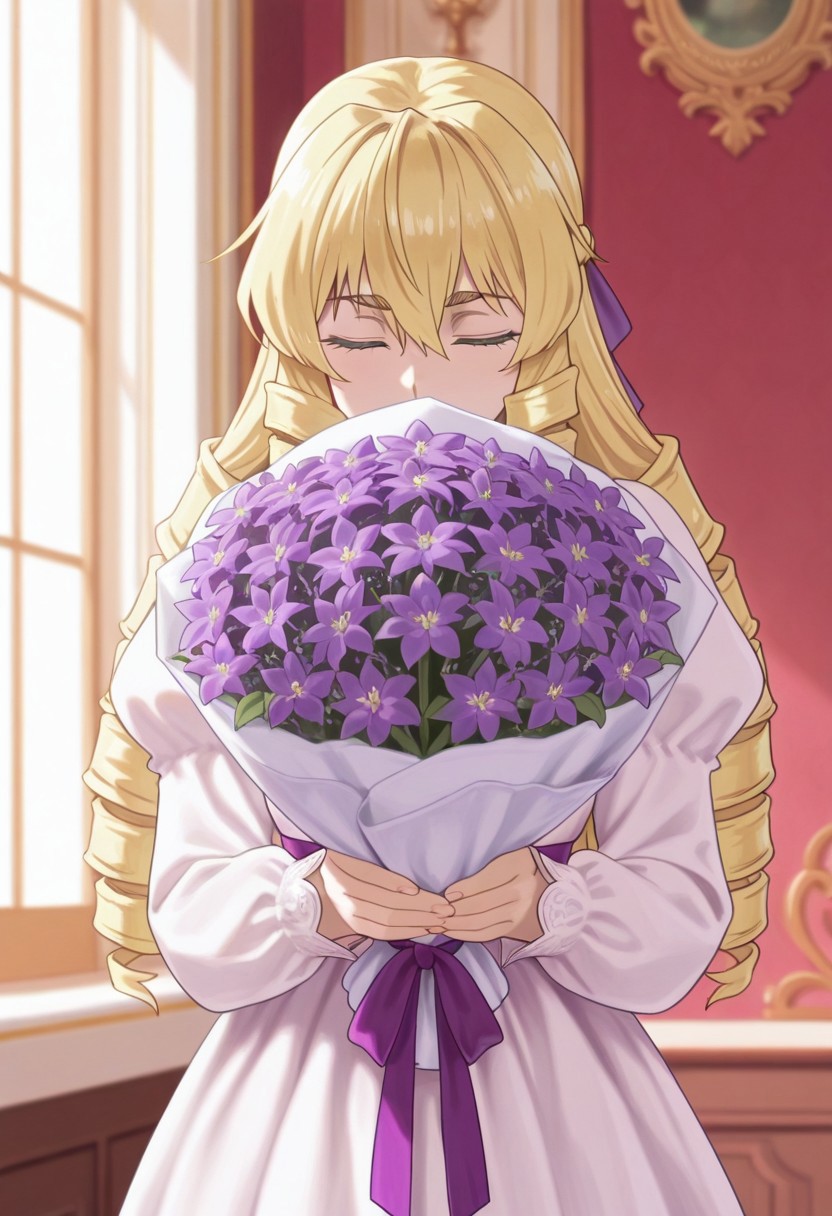 masterpiece,best quality,amazing quality, auvergne grace, long hair, blonde hair, green eyes, 1girl, flower, solo, closed eyes, drill hair, purple flower, bouquet, purple ribbon, dress, braid, ribbon, long sleeves, holding, hair ribbon