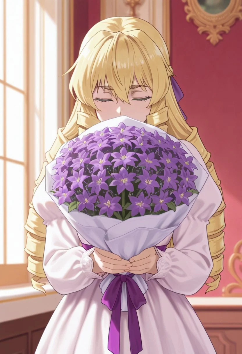 masterpiece,best quality,amazing quality, auvergne grace, long hair, blonde hair, green eyes, 1girl, flower, solo, closed eyes, drill hair, purple flower, bouquet, purple ribbon, dress, braid, ribbon, long sleeves, holding, hair ribbon