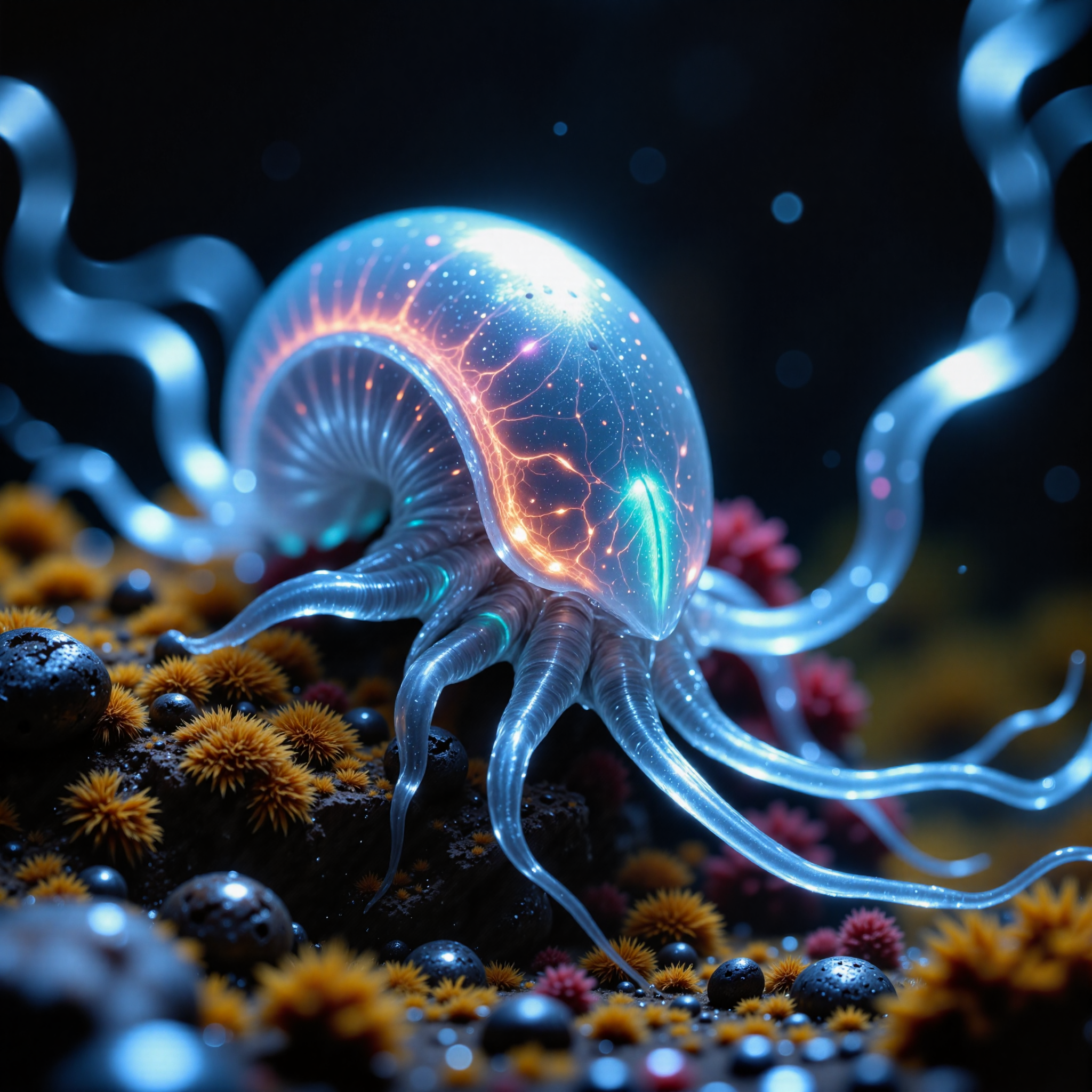 award-winning macro photo, short depth of field, hyper realistic, dim lighting, twilight, bioluminescence, subsurface scattering, the minuscule "acid-tongued kleptophlam" is a quizzlewanked mollusk-like ocean-dwelling creature living in the vast gorliflynx kelp woods on planet "zimtrex v". it uses the discarded huge coiled shells of the "forest snufflestomper" as shelter. its beautiful semi-transparent body glimmers faintly with iridescent snizzleplumes, allowing it to blend seamlessly with the faintly glowing kelp fronds. the creatures use their elongated, smackwinkeling proboscis to extract nutrients from the gorliflynx kelps sap. their biome is a surreal underwater tapestry of flowing bioluminescent kelp strands, undulating in slow, hypnotic rhythms as shimmering gas bubbles rise from the seafloor fissures, highly detailed, intricate, detailed background, golden ratio, arsmjstyle, dnddarkestfantasy, in the style of ck-ovf, aidmafluxpro1.1, 
<lora:epic_gorgeous_details-balance-flux-by_flyway:0.56> 
<lora:style-mythic_fantasy-v2-flux-by_velvets:0.4> 
<lora:style-oneviolentfantasy-ep21-flux-by_chronoknight:0.56> 
<lora:flux_pro1.1_detailer-v0.2-flux-by_aidma:0.56>