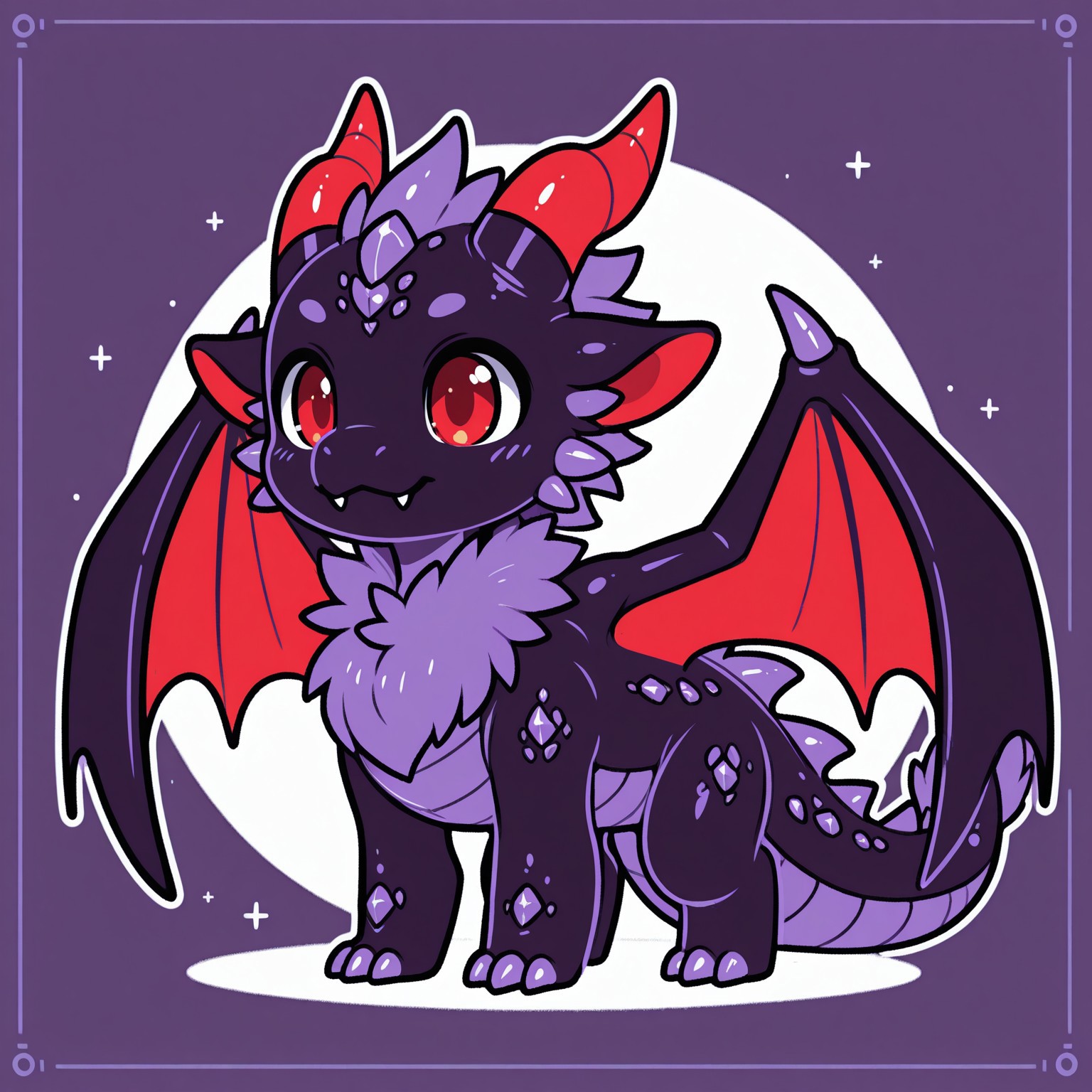 ch1b1_dr4g0n,black dragon,red eyes,red horns,metal scales,fangs,cute,huge wings,purple horns,curved horns,shiny sclaes,lineart,thick lines,sollid lines,sketchy,sketch,Flatline, Flat vector illustration,full body,fluffy tail,chest tuft,neck tuft
