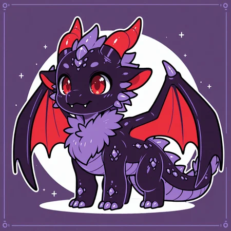 ch1b1_dr4g0n,black dragon,red eyes,red horns,metal scales,fangs,cute,huge wings,purple horns,curved horns,shiny sclaes,lineart,thick lines,sollid lines,sketchy,sketch,Flatline, Flat vector illustration,full body,fluffy tail,chest tuft,neck tuft