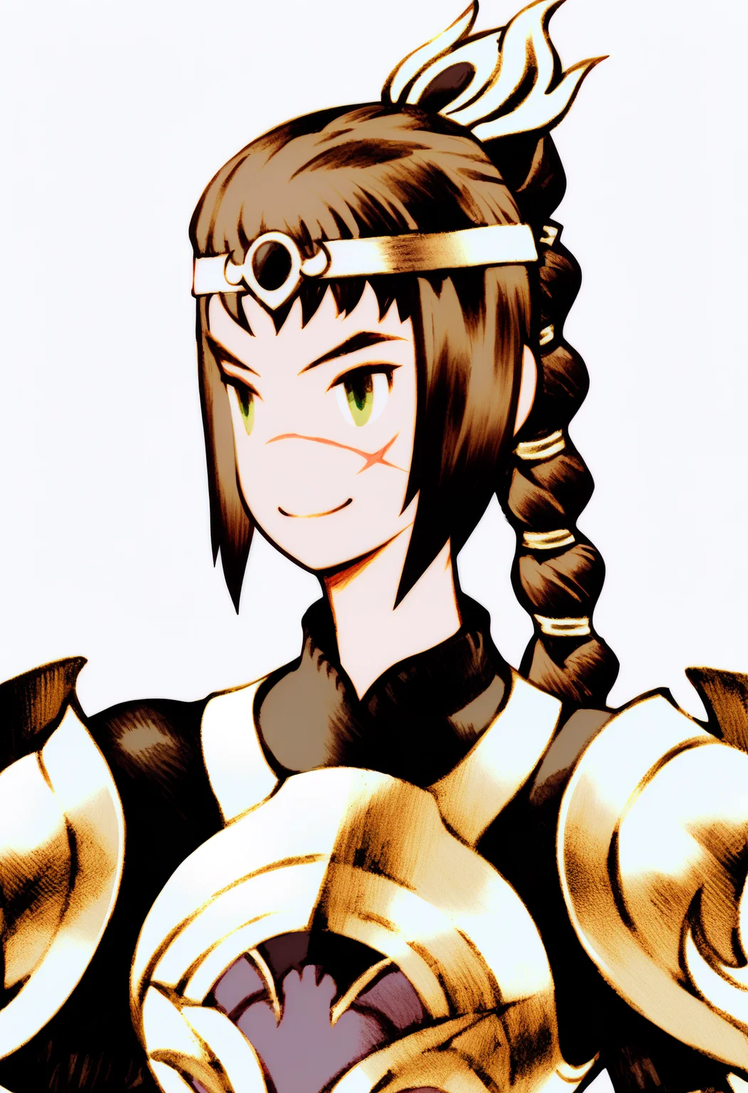 best quality, amazing quality, very aesthetic, absurdres, yoshida akihiko, BREAK
1girl, solo, shadowheart, black hair, braided ponytail, green eyes, scar on face, circlet, armor,
horny smile, looking at viewer, upper body, simple background, white background <lora:ShadowHeartIllustrious_byKonan:0.8>, <lora:AkihikoYoshidaNoobLocon_byKonan:1>