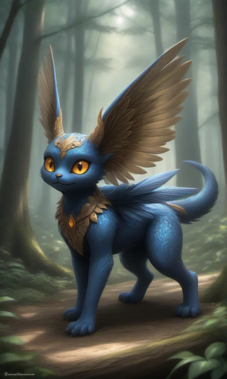 Sombryx_Evertale, there is a digital drawing of a blue animal with golden eyes with ((big ears)), all fours, nature, forest,