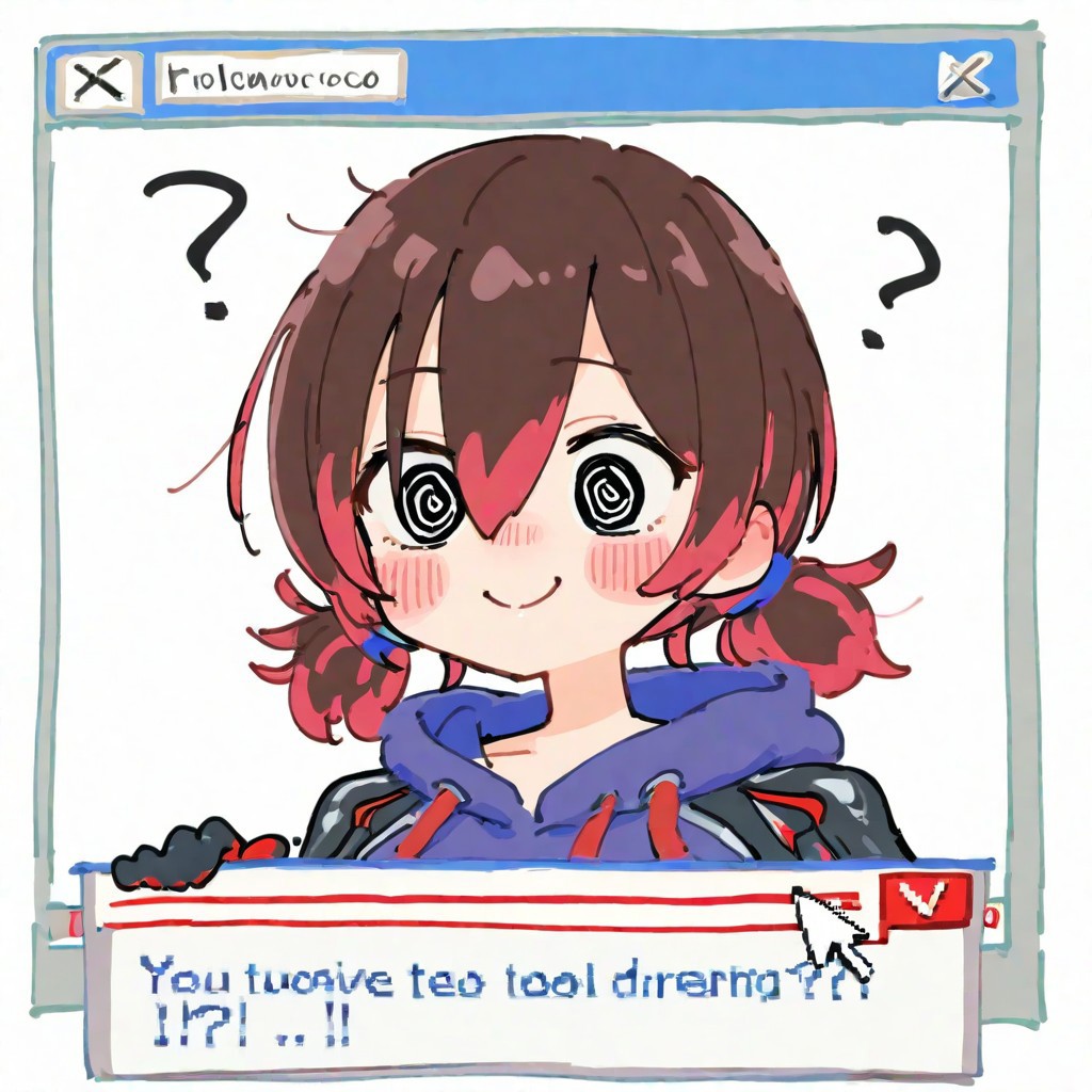 masterpiece, best quality, good quality, very awa, firedotinc, 1girl, solo, roboco-san, hololive, virtual youtuber, roboco-san (hoodie), official alternate costume, twintails, ?, @_@, blush, smile, glitch, window (computing), cursor, user interface, error message, desktop (computing), icon (computing), <lora:ai_styles_collection_noob_vpred-0.75-v3.2:1>