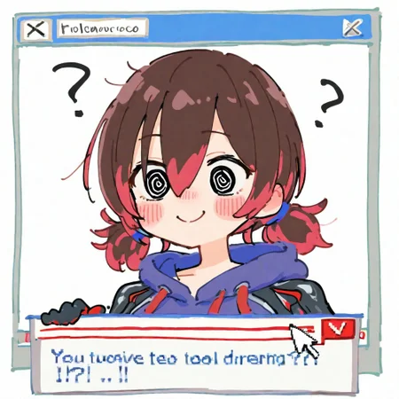 masterpiece, best quality, good quality, very awa, firedotinc, 1girl, solo, roboco-san, hololive, virtual youtuber, roboco-san (hoodie), official alternate costume, twintails, ?, @_@, blush, smile, glitch, window (computing), cursor, user interface, error message, desktop (computing), icon (computing), <lora:ai_styles_collection_noob_vpred-0.75-v3.2:1>