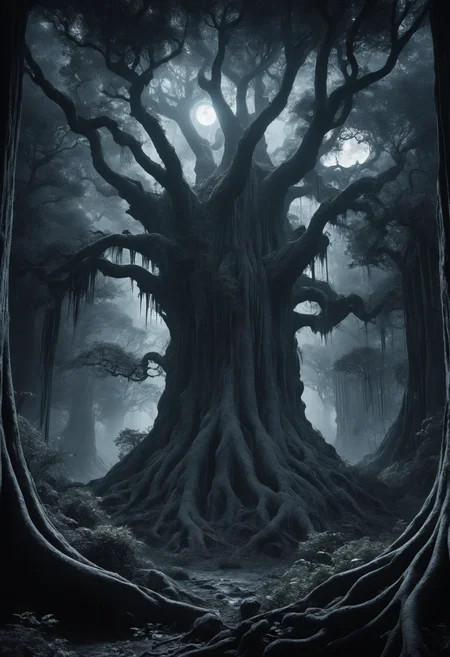 DonMN1gh7XL night,moonlit,  utopian/post-scarcity of energy vampire- eerie, shadowy figures with glowing eyes and tendrils that siphon energy , galactic historian, hidden valley, canopy of trees, chinese ink painting, nanopunk, chromatic, npr (non-photorealistic rendering), godot engine, realist, double exposure photography, aerial view,  motion blur, total clarity, 8k, creative, epanalepsis # f/4, shutter speed 1/2000 sec, iso200, white balance tungsten, exposure compensation    "+1.5 ev", aperture priority shooting mode, symmetry and balance, focus mode manual, evaluative metering"  <lora:myLora\DonMN1gh7XL-000006:1.0>,